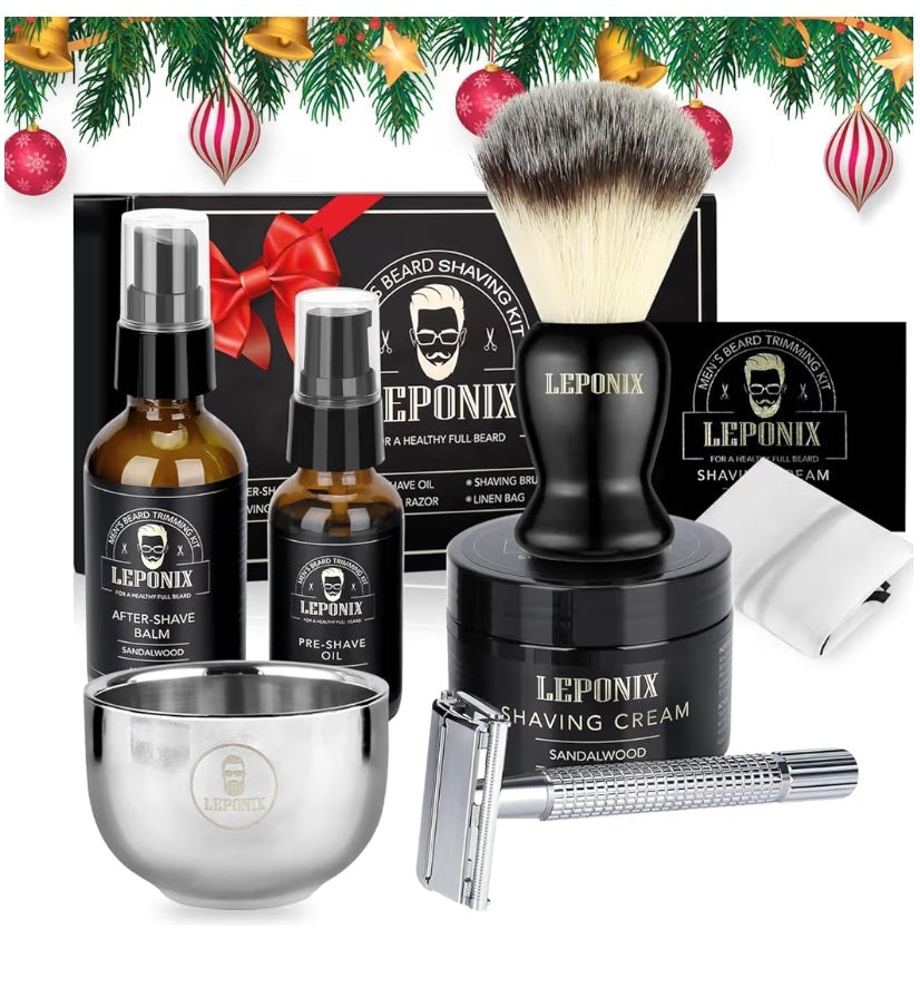 Shaving Kit for Men, Include Safety Razor, Sandalwood Cream, Aftershave, Pre Shave Oil, Shaving Brush and Bowl, Shaving Apron Bib -Unique Gifts for Him Stocking Stuffers