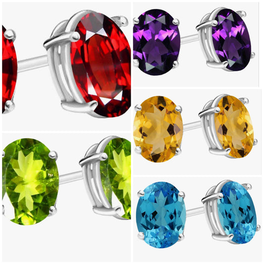 7x5 mm each Oval Cut Ladies Solitaire Stud Earrings, Sterling Silver