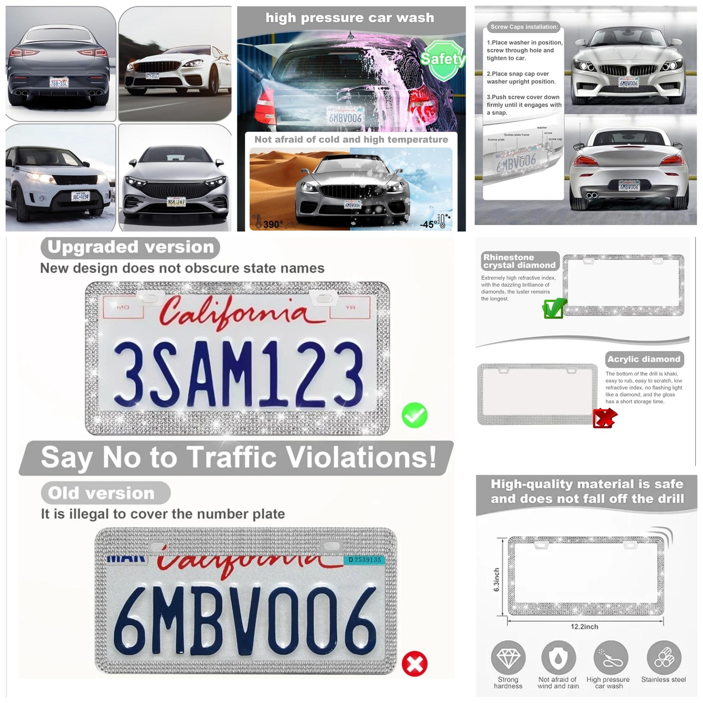 2 Pack Bling License Plate Frames for Women, Sparkly Rhinestone Diamond Car Accessories with Glitter Crystal Caps