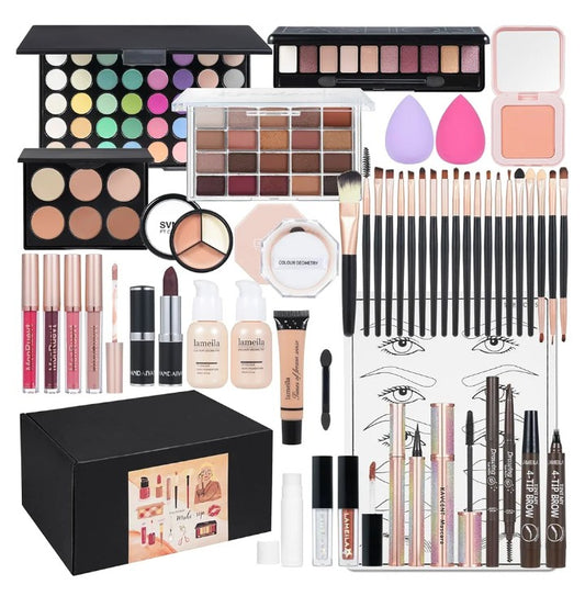 All in One Makeup Kit Full Kit Multipurpose Makeup ,eyeshadow、 liquid foundation,Loose powder,Eyebrow pencil,4-color lip gloss set