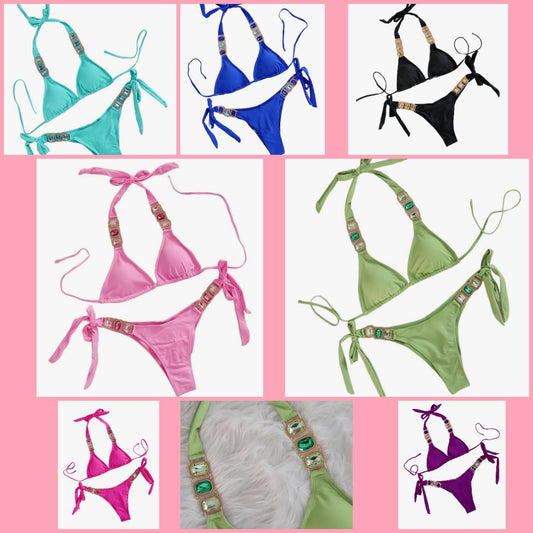 Women's Two Piece Swimsuit Rhinestone Bikini Set Halter Triangle Bathing Suit Cocomoney