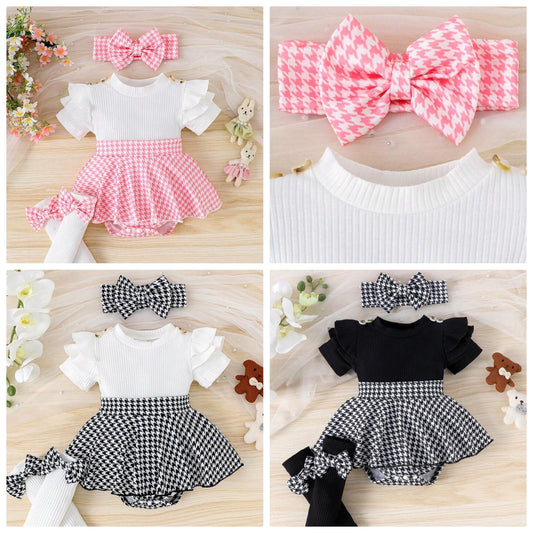 1pc Cute Comfortable Baby Girl Short Sleeve Patchwork Romper+Sock+Headband Set, Thin For Summer