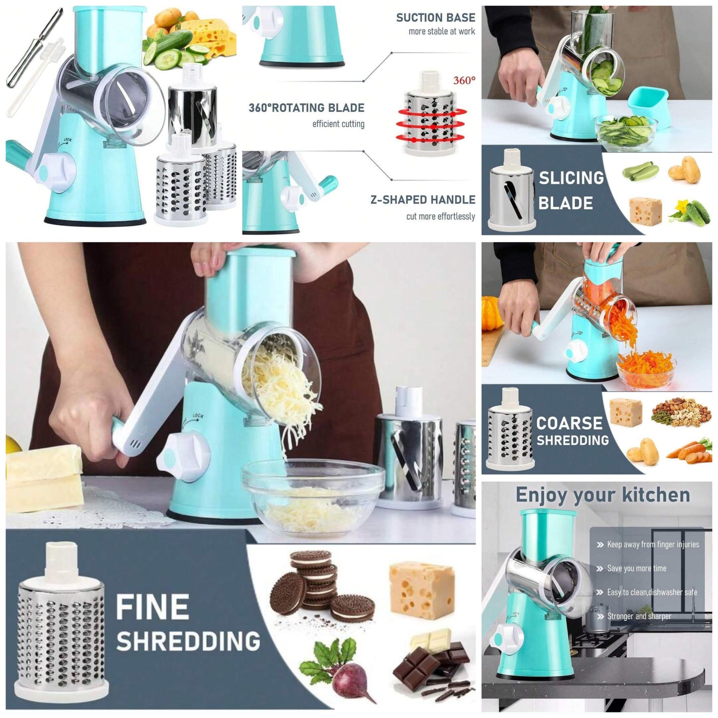 Rotary Cheese Grater With Handle Vegetable Cheese Shredder Slicer Grater For Kitchen 3 Changeable Blades For Cheese Potato Zucchini Nuts Chocolate
