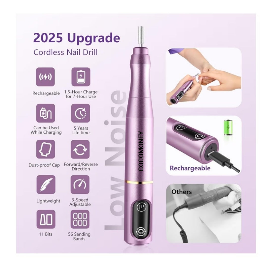 Nail Drill Cordless Electric Nail File Kit Rechargeable Professional Efile Nail Set, Portable Acrylic Gel Nail Polish Remover Machine Pedicure Manicure Tool, 11 Bits 56 Sanding Bands Salon Home
