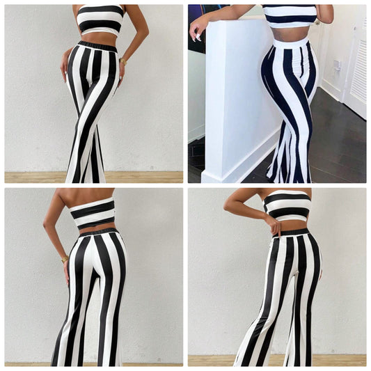 Striped Summer Casual Color Block Sleeveless Crop Top And Bell Bottoms Two-Piece Set COCOMONEY