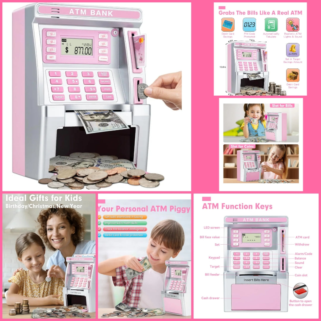 Pink safe or lockbox or money gun or money envelopes or kids cash register choose option below