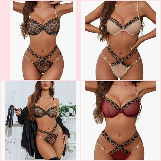 Sexy Lingerie Set Mesh See Through Underwire Bra Panty Set Leopard Splice Push Up Lingerie with Chain Cocomoney