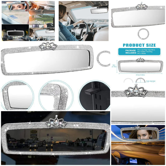 Bling Rhinestone Rear View Mirror Cover, Car Rear View Mirror with Crystal Diamonds Bling Rhinestones Car Rear View Mirror Car Interior Trim(White,Size:1.56x1.18inch)