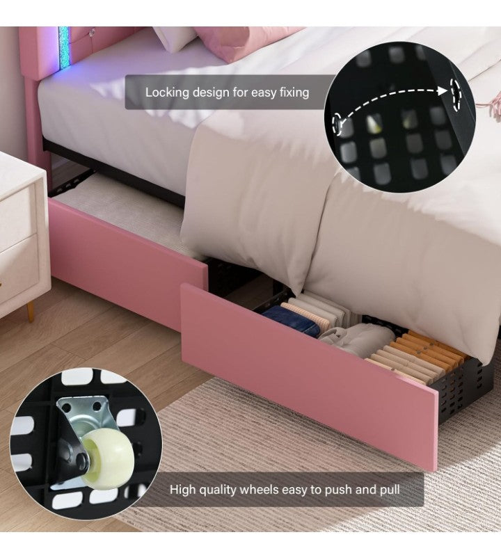 Full Size Bed Frame with LED Lights, Upholstered Bed Frame with Storage Drawers, Princess Platform Bed with Diamond Headboard and Footboard, No Box Spring Needed,