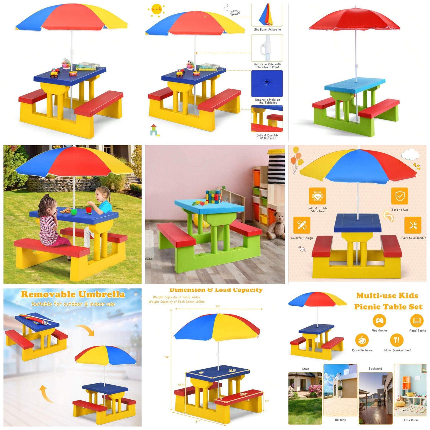 Kids Picnic Table Set With Removable Umbrella Indoor Outdoor Garden Patio Multicolor plastic