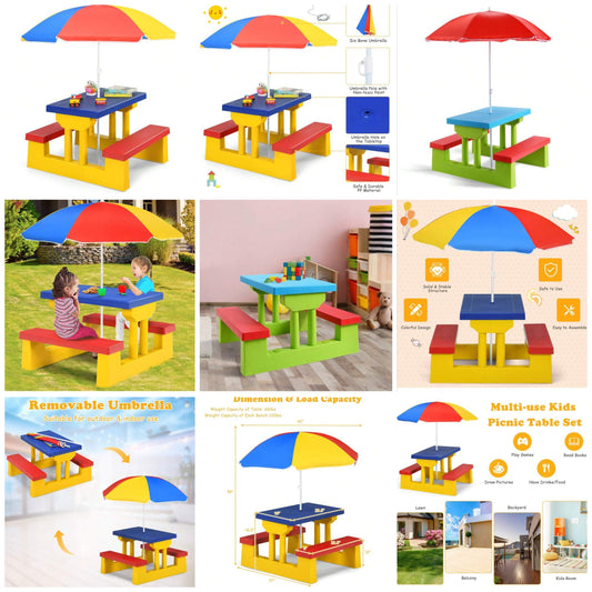 Kids Picnic Table Set With Removable Umbrella Indoor Outdoor Garden Patio Multicolor plastic