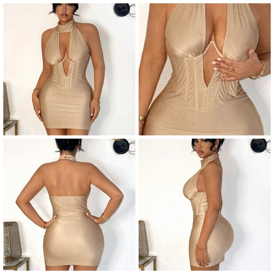 Sexy & Elegant Lady Satin Halter Neck Sleeveless Champagne Color Dress, Suitable For Dating COCOMONEY