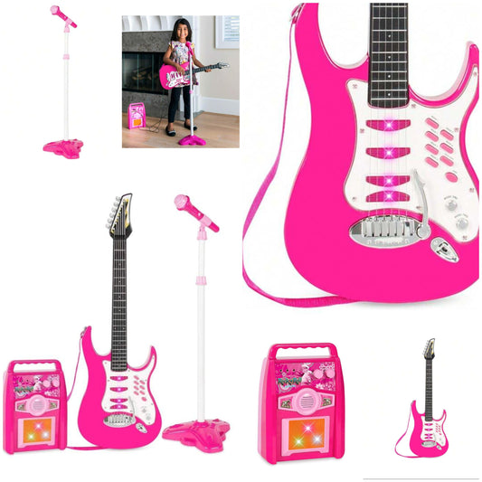 Electric Musical Guitar Play Set, Toy Guitar Starter Kit Bundle W/ 6 Demo Songs, Whammy Bar, Microphone, Amp, AUX, 2 Sticker Sheets - Pink