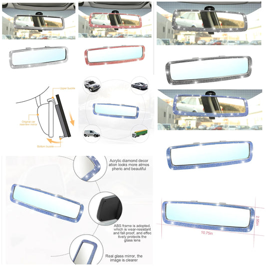 Bling Car Rearview Mirror, Decorations Rear View Mirror with Crystal Rhinestones & Diamonds, Car Interior Trim Accessories, Clip-on & HD Glass, Sparkly