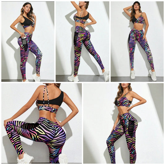 Sport Studio Allover Print Twist Front Sports Set With Phone Pocket Workout Set Workout Women Set COCOMONEY