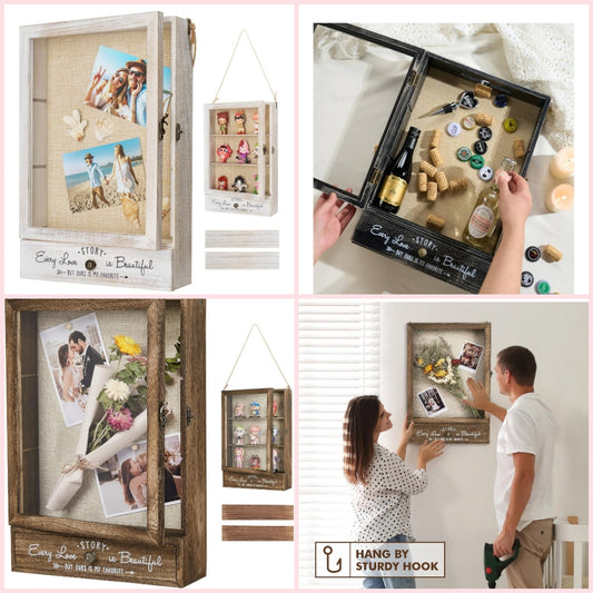 11X16 Large Shadow Box Picture Frames Deep Shadow Boxes Display Cases with Removable Shelves and Drawers, Brown Wooden Memory Boxes for Keepsakes with Slot Christmas Decorations Gifts