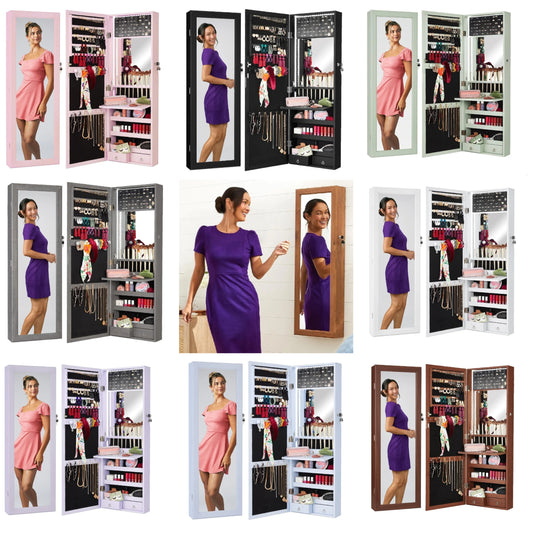 LED Mirror Jewelry Cabinet, Tall Lockable Wall or Door Mounted Jewelry Armoire Organizer with Mirror, 2 Drawers, Lock, Cosmetic Tray, Shelves -