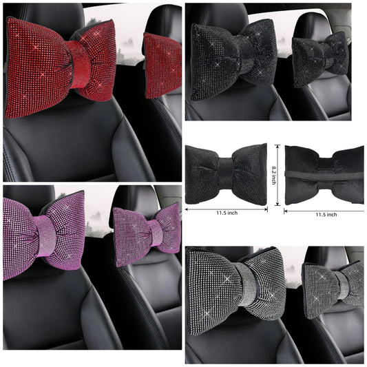 2 PCS Bling Car Pillows,Rhinestones Bowknot Car Headrest Pillow,Car Neck Pillow for Driver Relax Necksupport,Sleeping Travel Support Neck Pillow,Shiny Diamond Interior Accessories