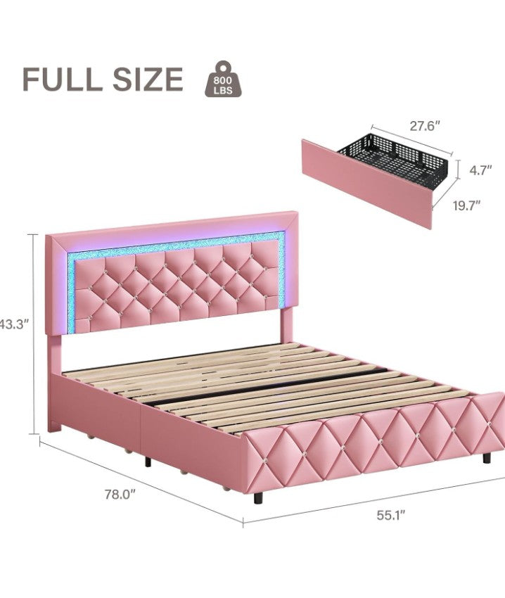 Full Size Bed Frame with LED Lights, Upholstered Bed Frame with Storage Drawers, Princess Platform Bed with Diamond Headboard and Footboard, No Box Spring Needed,