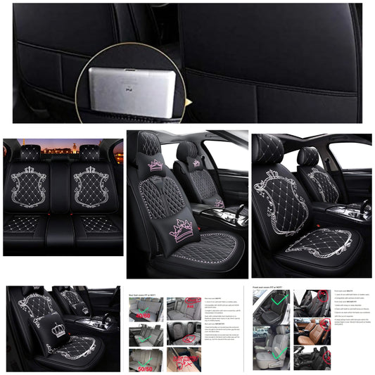 Crown Full Set Universal Fit 5 Seats Car Surrounded Waterproof Leather Car Seat Covers Protector Adjustable Removable Auto Seat Cushions with 2 Waist Pillows 2 Headrest Pillows