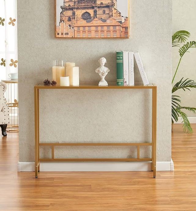 Modern Console Table for Entryway, Tempered Glass with Metal Frame Sofa Table for Living Room, Hallway, Office (Single-Layer, Gold)