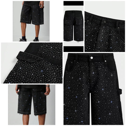 Men's Avant Sparkly Diamond Rhinestone Embellished Loose Denim Shorts COCOMONEY