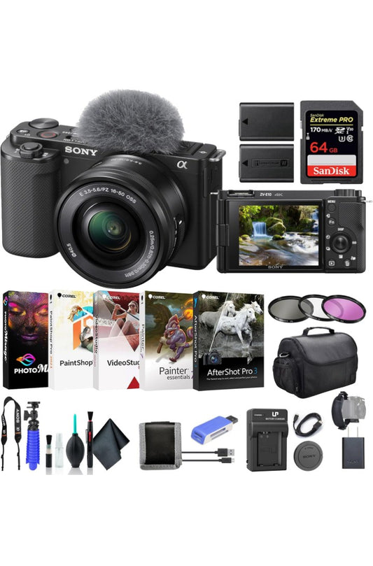 Sony ZV-E10 Mirrorless Camera with 16-50mm Lens Black ILCZV-E10L/B, 64GB Memory Card, Filter Kit, Corel Photo Software, Bag, NPF-W50 Battery, External Charger, Card Reader, and More