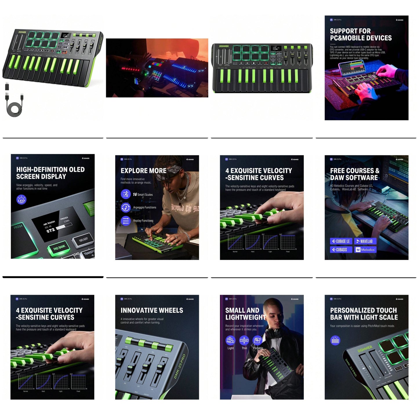 Donner DMK-25 Pro MIDI Keyboard Controller +Music Production Software | Green
