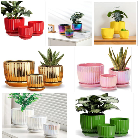 3 Ceramic Flower Pots,Yellow Plant Pots for Indoor Plants,4.1+5.1+6.5 inch Ceramic Plant Pots with Tray,Medium Indoor Planters for Aloe Cactus Decorative Pots with Drainage Hole (Set of 3)