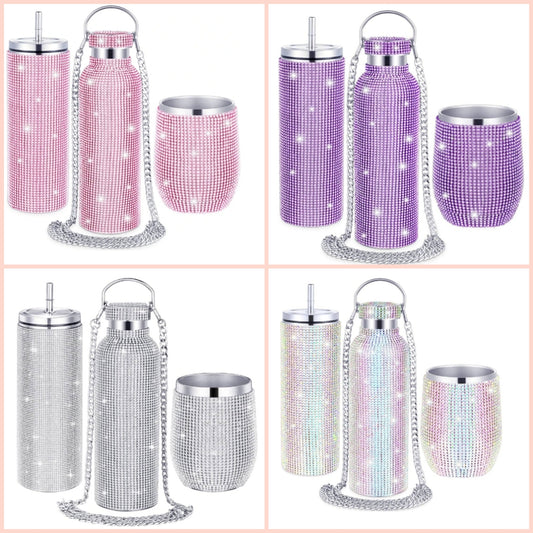 3 Pcs Bling Water Bottle Rhinestone Stainless Steel Bling Cup Stemless Glitter Tumbler Insulated Rhinestone Tumbler with Chain, Lid and Straw for Women Coffee Martini Wine Cups Mug