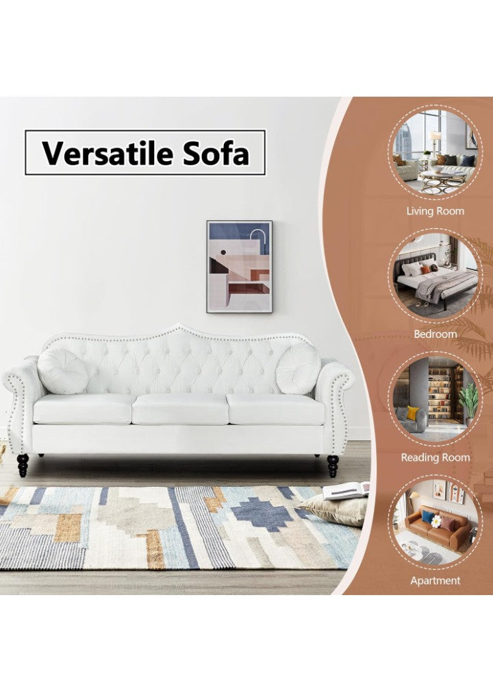 82" Three Seater Sofa, Chesterfield Sofa, Mid-Century Modern Velvet Upholstered Sofa, Deep Button Tufted Living Room Sofa with Two Throw Pillows,