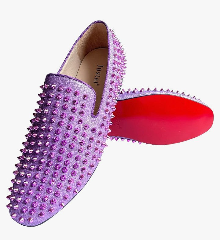 Men's Leather Spikes Loafers Studded Dress Shoes Slip-on Flats Long Rivet Party Shoes