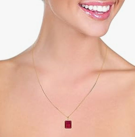 COCOMONEY 6.5 CTW 14k Solid Gold Necklace Emerald Cut Ruby