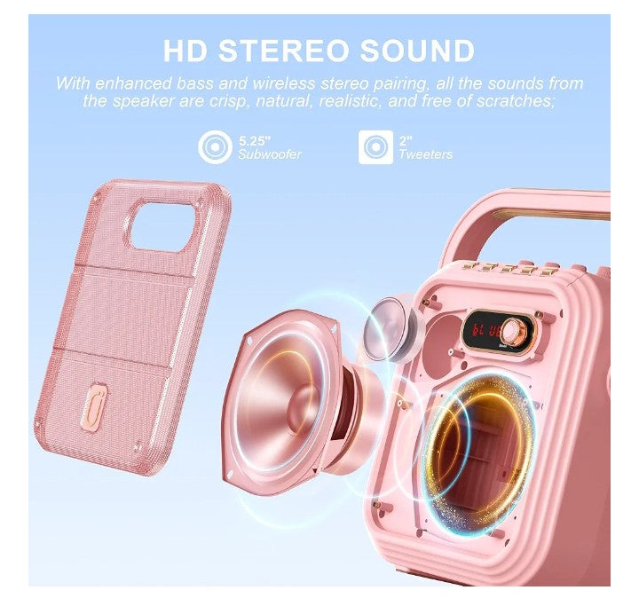 JYX Karaoke Machine with 2 Wireless Mics,Pink Karaoke Speaker with Treble/Bass Adjustment,Bluetooth Speaker PA System with Vocal Cut,8 Sound Effects,Support TWS/REC/BT/USB/SD/AUX for Party,Livestream
