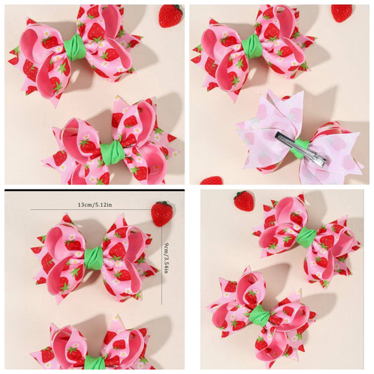 2pcs/Pack Girls Cute Strawberry Printed Bow Hair Clips, Woven Fabric Fruit Series Hair Accessories, Suitable For Daughter Birthday Gift Party Wear polyester