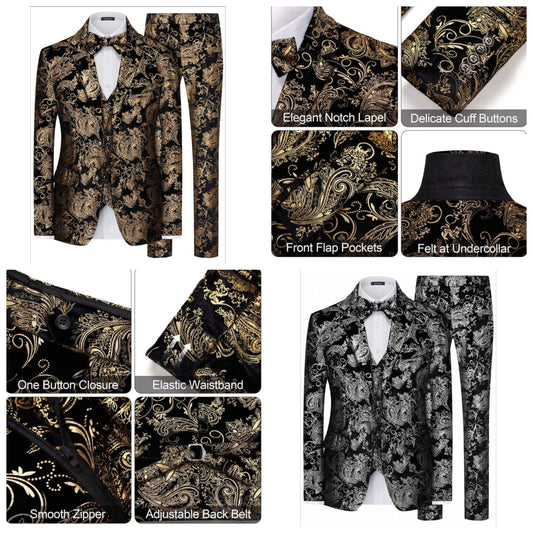 Mens Suits Dress Floral Tuxedo Slim Fit 3 Piece Suit 2 Button Prom Party Blazer Vest Pants Set With Bow Tie COCOMONEY