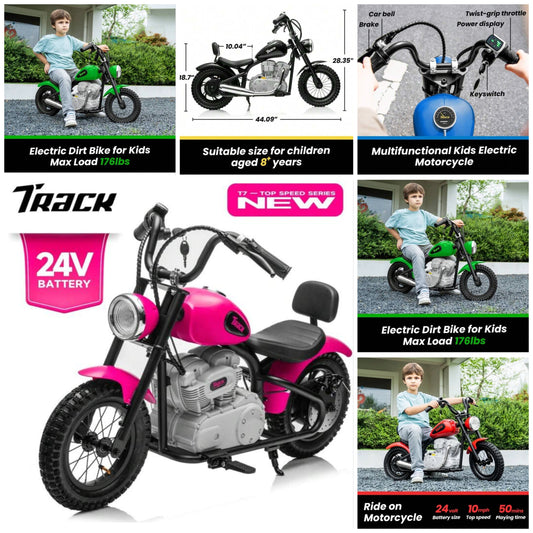 Track 7 24V Electric Dirt Bike For Kids, Ride On Motorcycle With Twist Grip Throttle, Hand-Operated Dual Brakes, Speed Up To 10 MPH, For Age 8-12