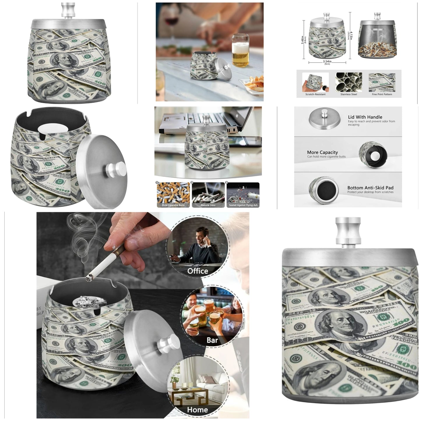 Dollar Cash Rich Stainless Steel Home Ashtray with Lid for Home Office Indoor Outdoor, Cute Non-slip Ciggerate Ashtray Outdoor for Cool Patio Decor Product Dimensions 3.54"L x 3.54"W x 3.46"H
Item Weight 363 Grams