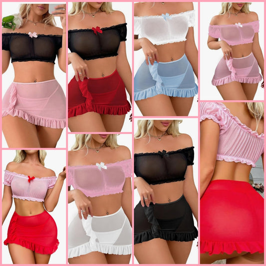 Sexy Lingerie Set for Women Sheer Mesh Off Shoulder Bra Panty Ruffle Skirts 3 Piece Sets Cocomoney