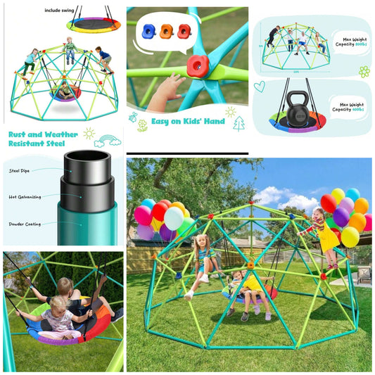Jungle Gym, 10ft Climbing Dome With Saucer Swing, Outdoor Play Equipment For Kids 3-12, Supports 800LBS Backyard Climbing Toys
