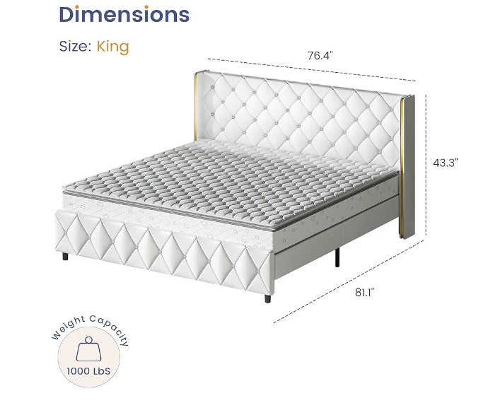 King Size Bed Frame and Headboard, Modern Upholstered Bed Frame with Diamond Tufted Headboard and Silver Wingback, Faux Leather, No Box Spring Needed, Easy Assembly,