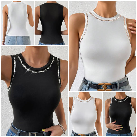Solid Rhinestone Detail Tank Top COCOMONEY