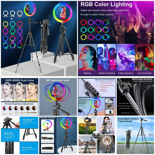 AXNEN 10" Selfie Ring Light With Tripod Stand, Phone Holder, 39 RGB Color Modes And 12 Brightness Dimmable, Stepless Dimmable/Speed LED Ring Light Compatible With Iphone & Android,Photography, Makeup,Vlog