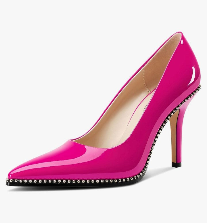 Womens Stiletto Mid Heel Pointed Toe Pumps Slip-on Sliver Beaded Prom Wedding Dress Basic Classic Patent Leather 3.5 Inches Heels