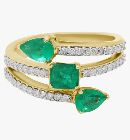 COCOMONEY Green Emerald Diamond Bypass Ring 18k Gold Handmade Vintage Ring Art Deco Women Rings For Her May Stone Jewelry Mother Gold Jewelry Ring