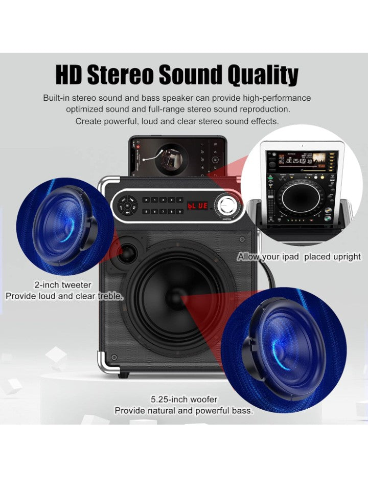 JYX Karaoke Machine with Two Wireless Microphones, Portable Bluetooth Speaker with Bass/Treble Adjustment, PA System with Remote Control, LED Lights,Supports TF Card/USB, AUX IN, FM, REC,TWS for Party