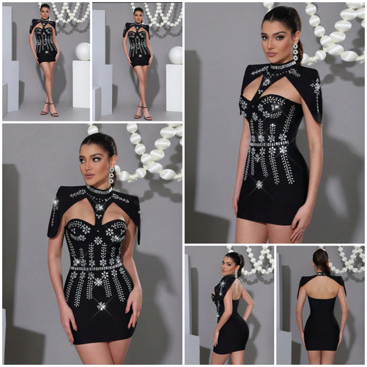 1pc Rhinestone Decor Bubble Sleeveless Mesh Patchwork Sexy Mini Dress COCOMONEY