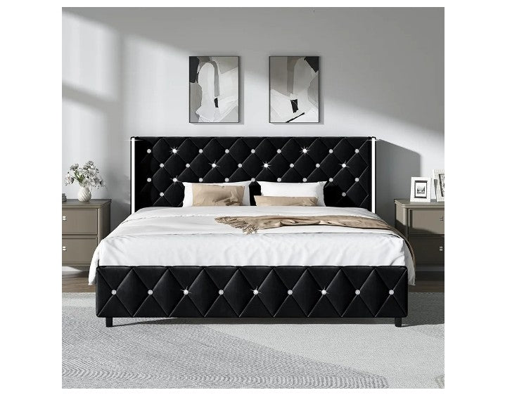 King Size Bed Frame and Headboard, Modern Upholstered Bed Frame with Diamond Tufted Headboard and Silver Wingback, Faux Leather, No Box Spring Needed, Easy Assembly,