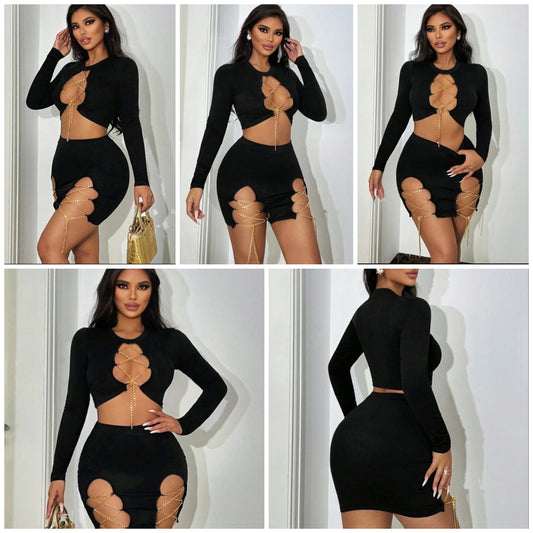 2pcs/Set Plus Size Women Sexy Cut-Out Chain Decor Black T-Shirt & Mini Skirt Set,Cocomoney Suitable For Street, Casual, Sexy, Daily Travel, Shopping, Dating, Cool,Comfortable To Wear,Easy To Match&Looks Slim,Accent Your Body,Flatter The Figure