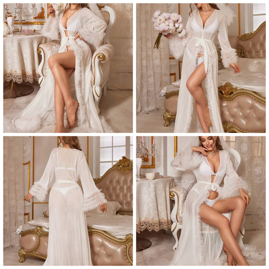 3D Floral Trim Decor Flare Sleeve Faux Silk Plus Size Long Robe COCOMONEY